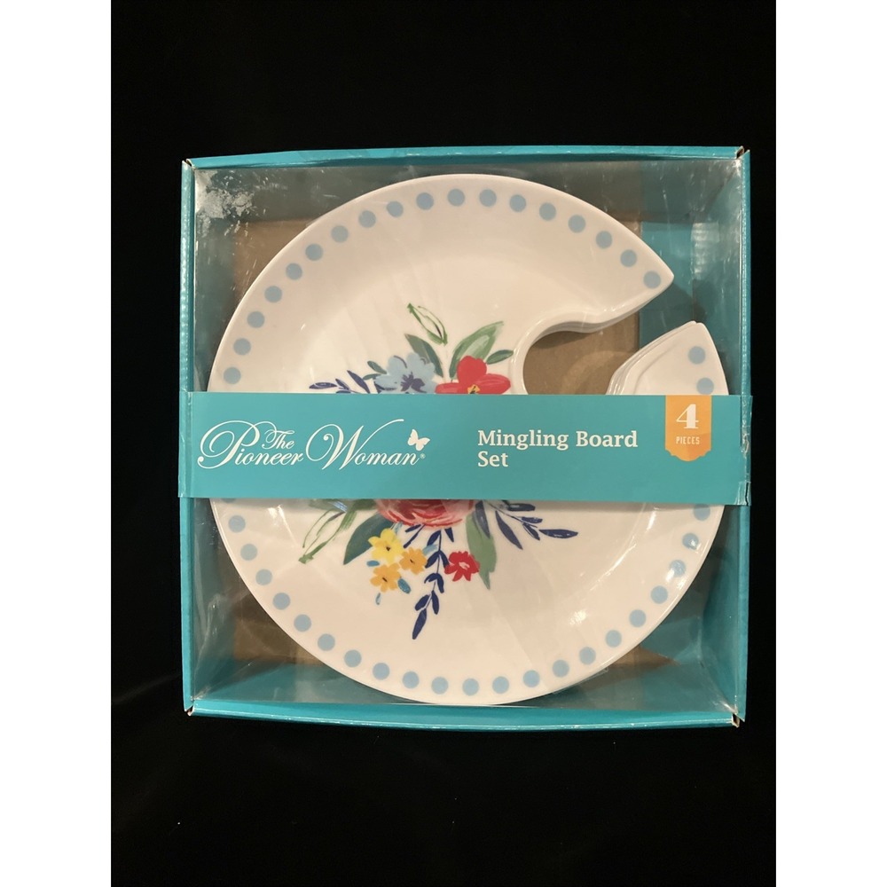Pioneer Woman Mingling Board Set 4 Pieces Pink Rose Floral Melamine Plates NEW